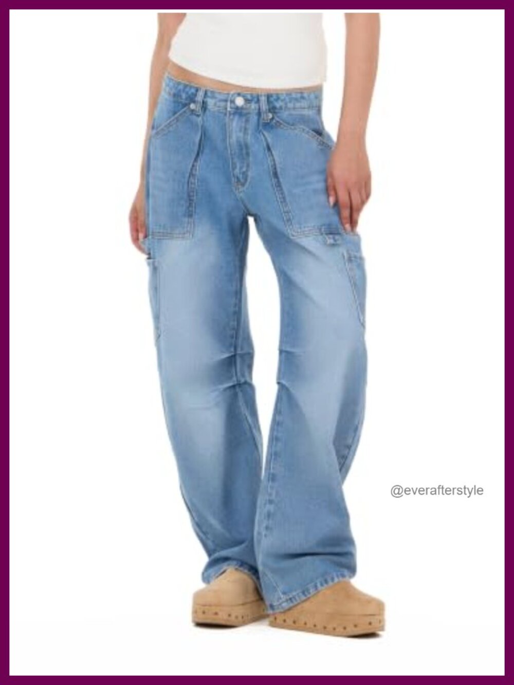 Barrel-Leg Cargo Jeans High Rise Loose Fit Flat Front Button Fly